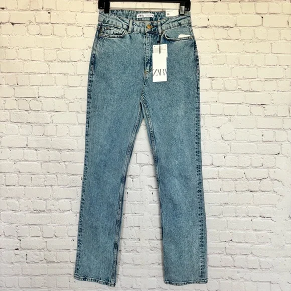 ZARA High Rise Full Length Straight Leg Blue Jeans--6 - Picture 3 of 16